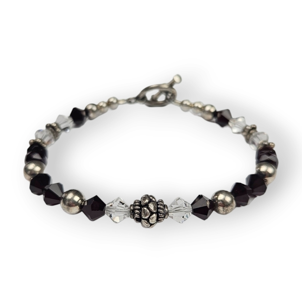 Sterling Black Silver Bracelet Glass Bicone Bead Clear Dark Red 925 Silver 7"